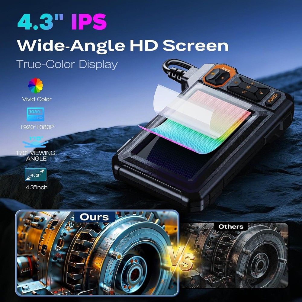 Endoscope Camera with Light, 1920P HD Borescope Inspection Camera with 4.3" IPS