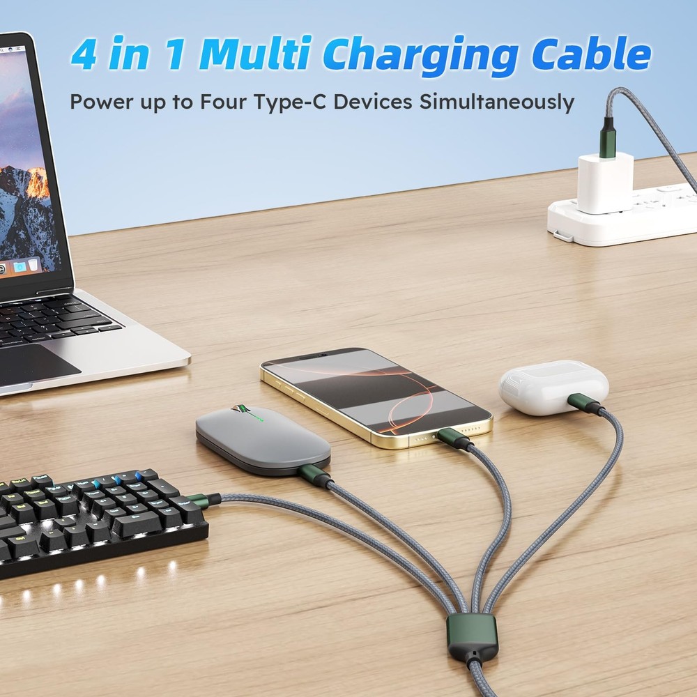 USB C Multi Charging Cable with 4 Type-C Connectors, C 1Pack_5FT, Grey