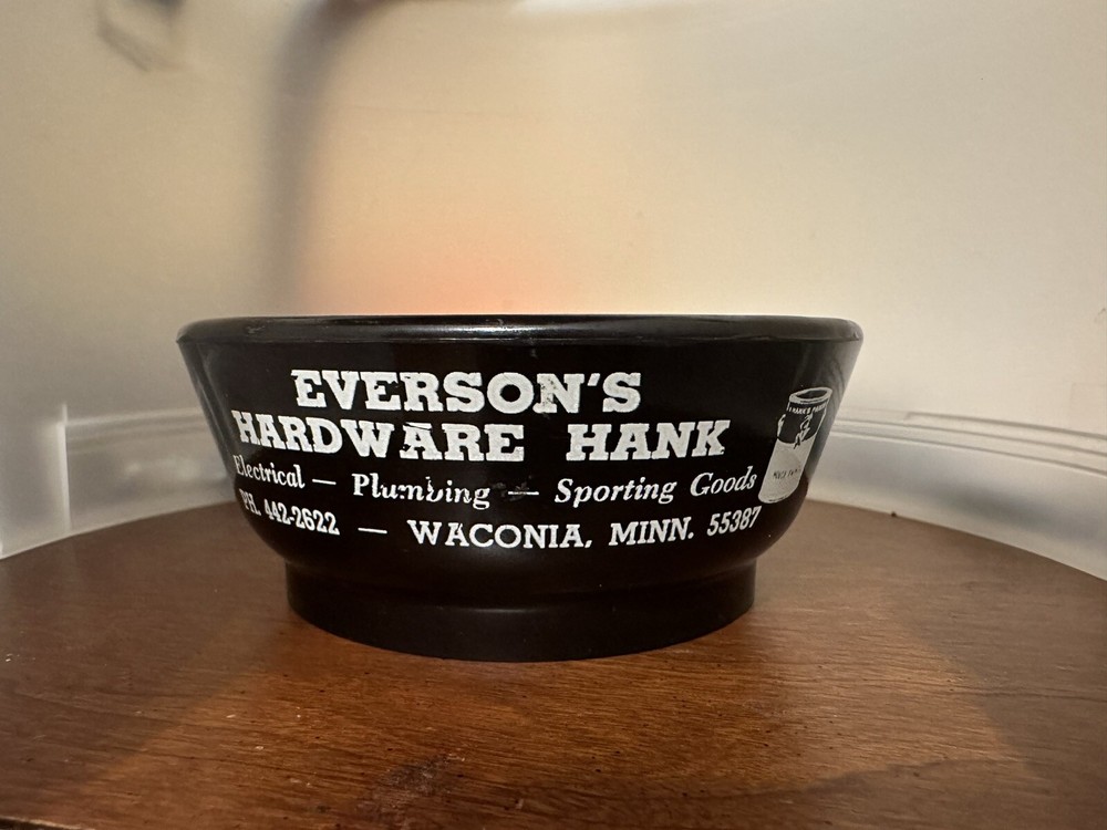 Waconia Minnesota Everson’s Hardware Deep-Dish Ashtray Black Plastic USA Made