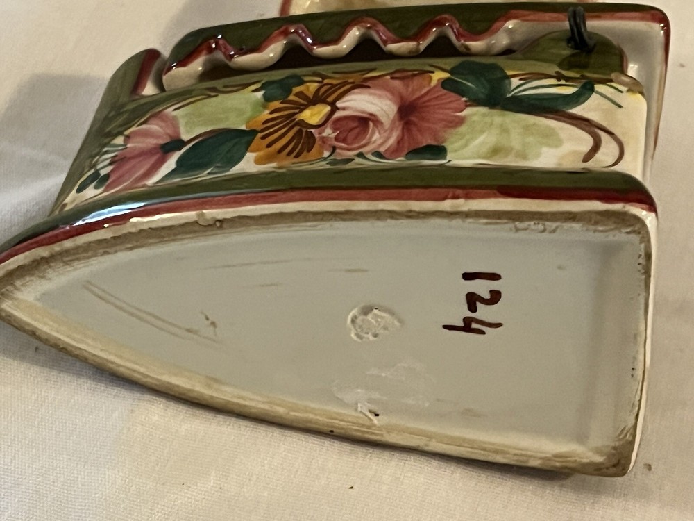 Ceramic Sad Iron Hand Painted Sewing Thread Box Very Good Condition!