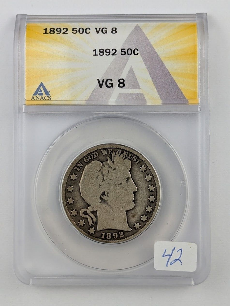 1892 Barber Silver Half Dollar - ANACS VG8