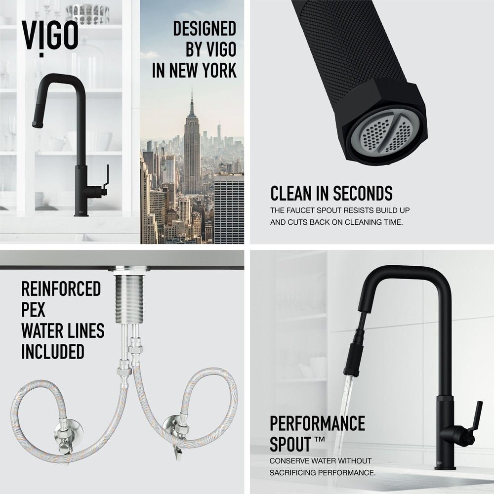 VIGO Hart Angular Pull-Down Kitchen Faucet Matte Black Faucet- USED