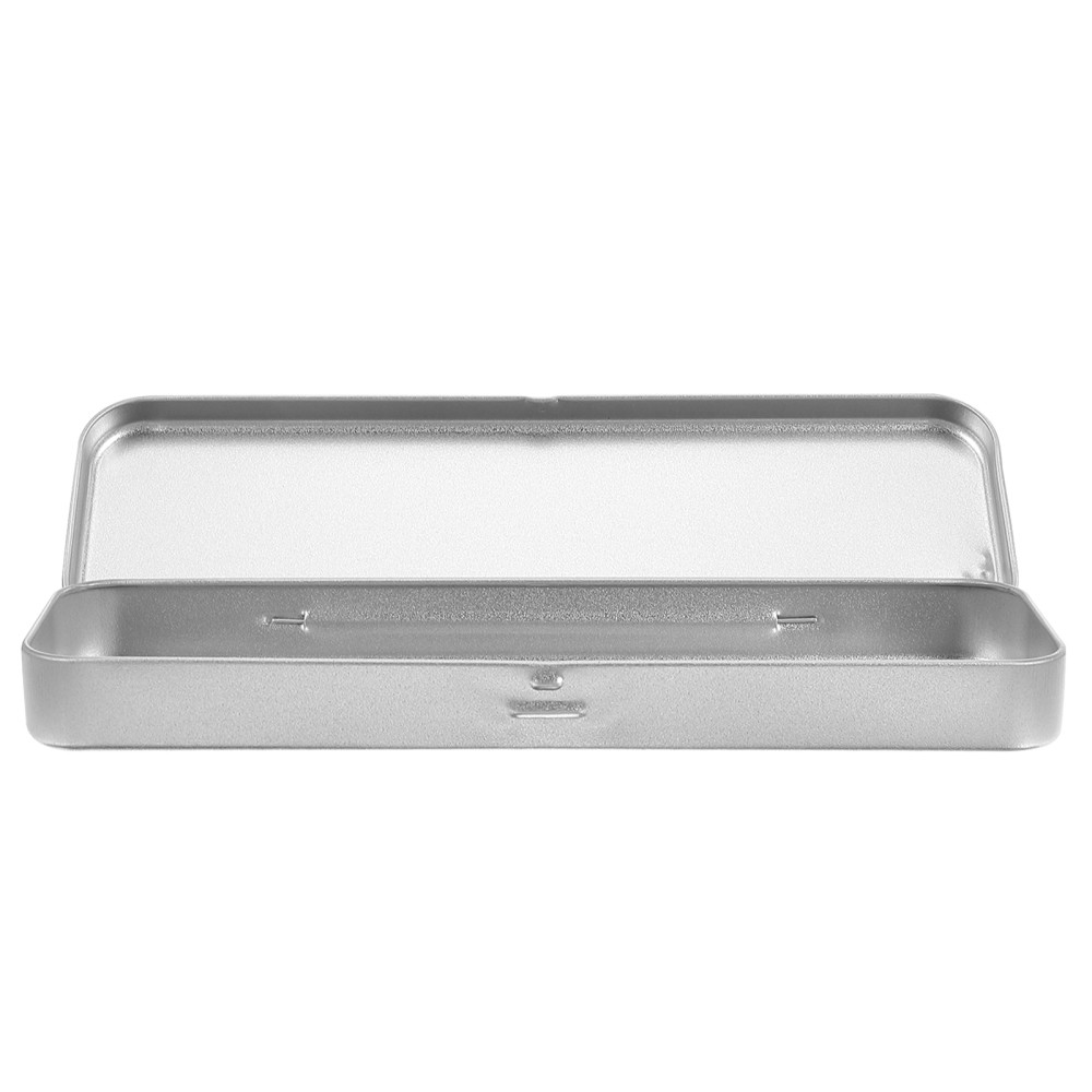 Pencil Case Rectangular Hinged Tin Box Silver Pens Office for Kids