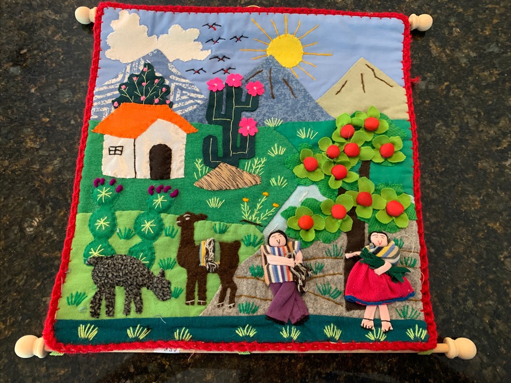 Peruvian Handmade Arpillera Fabric Tapestry 10” x 10”