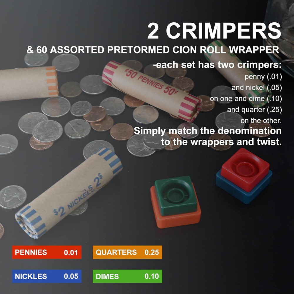 60 Assorted Coin Roll Wrappers with Color Coded Coin Wrapper Crimping Tool -(Qua