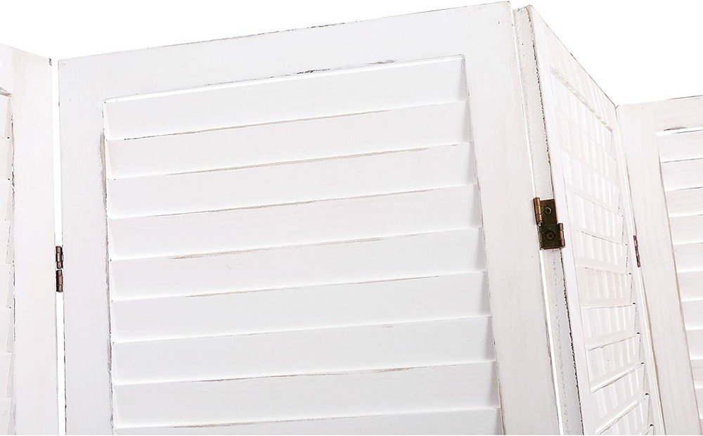 MyGift Whitewashed Wood 4 Panel Screen, Folding Louvered Room Divider