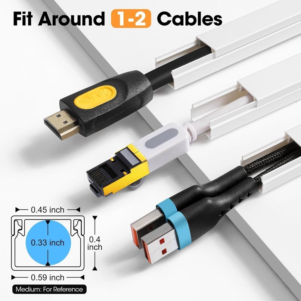 116in Cord Cover Cable Management Kit Wall Wire Hider Raceway White Set