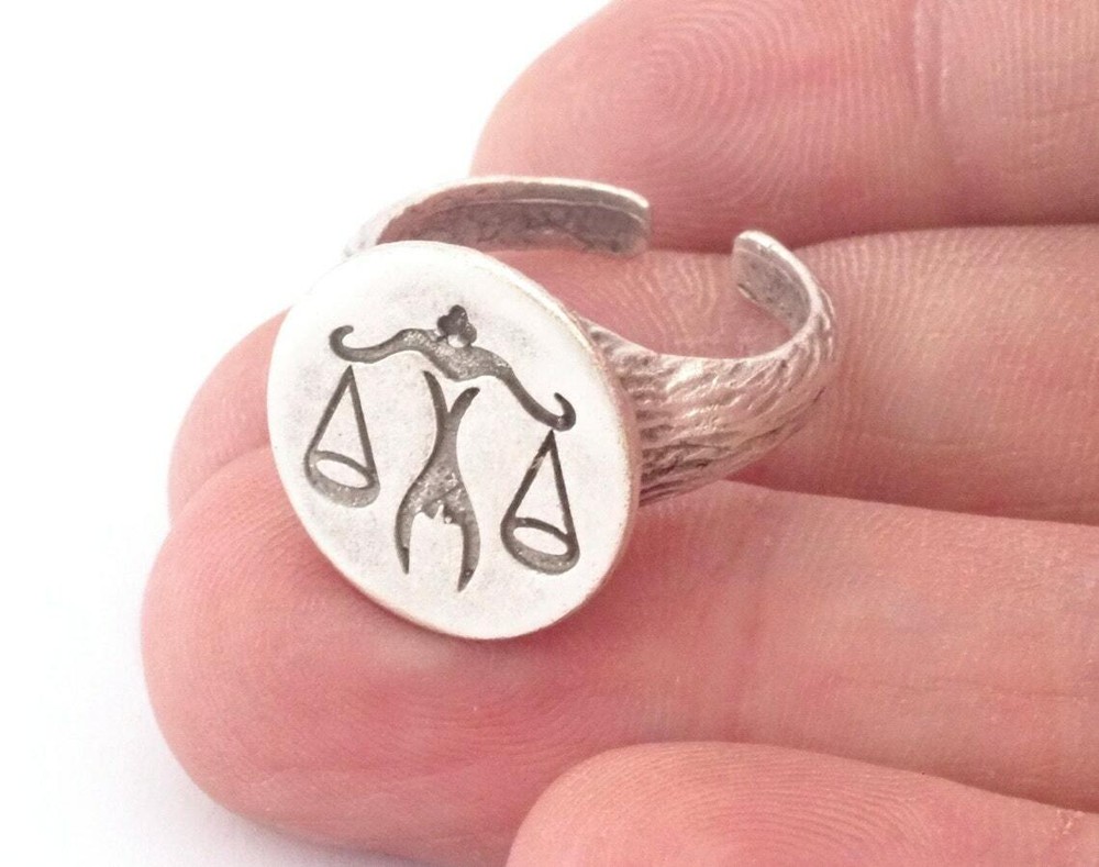 Libra Scales Horoscope Bark Textured Adjustable Ring silver plated brass 4870