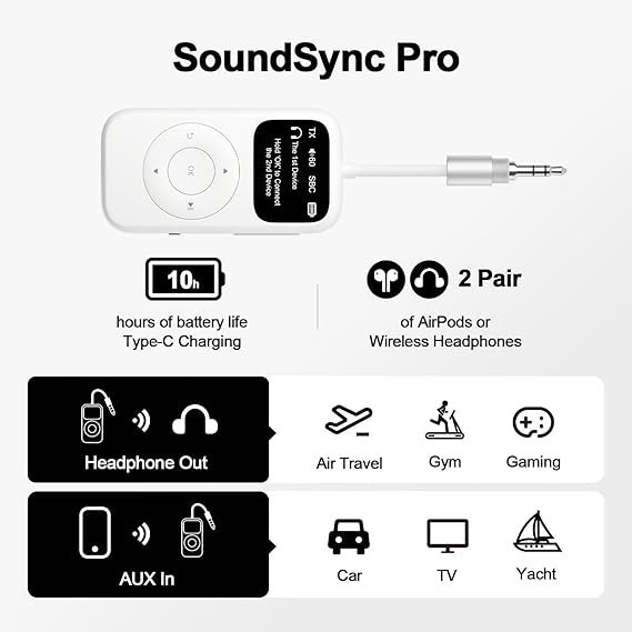 SoundSync Pro Bluetooth Transmitter & Receiver for Airplane 2 BT Devices