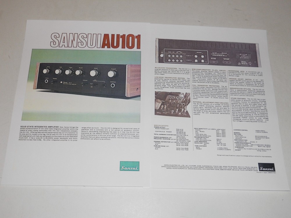Sansui AU-101 Vintage Amplifier Brochure, 2 pg, Specs, Info, Article