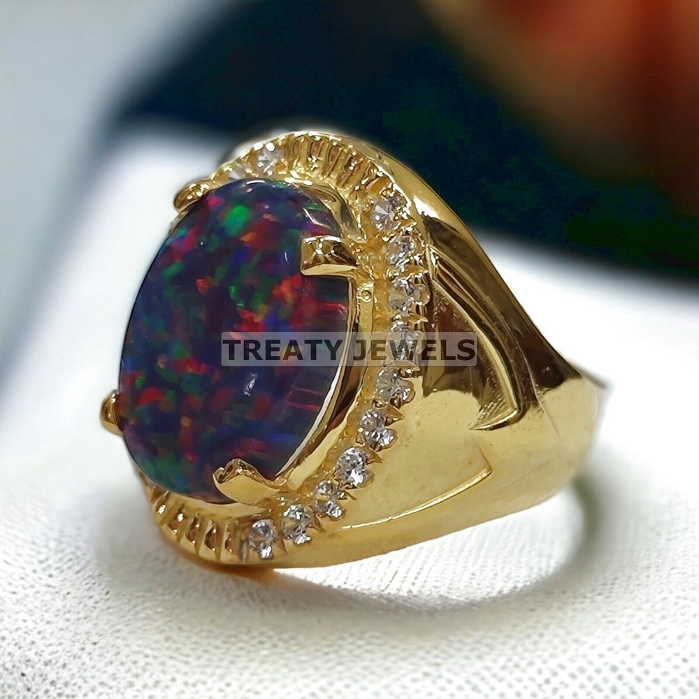 Black Opal Oval Cut With 14K Solid Gold Ring For Men's #A202