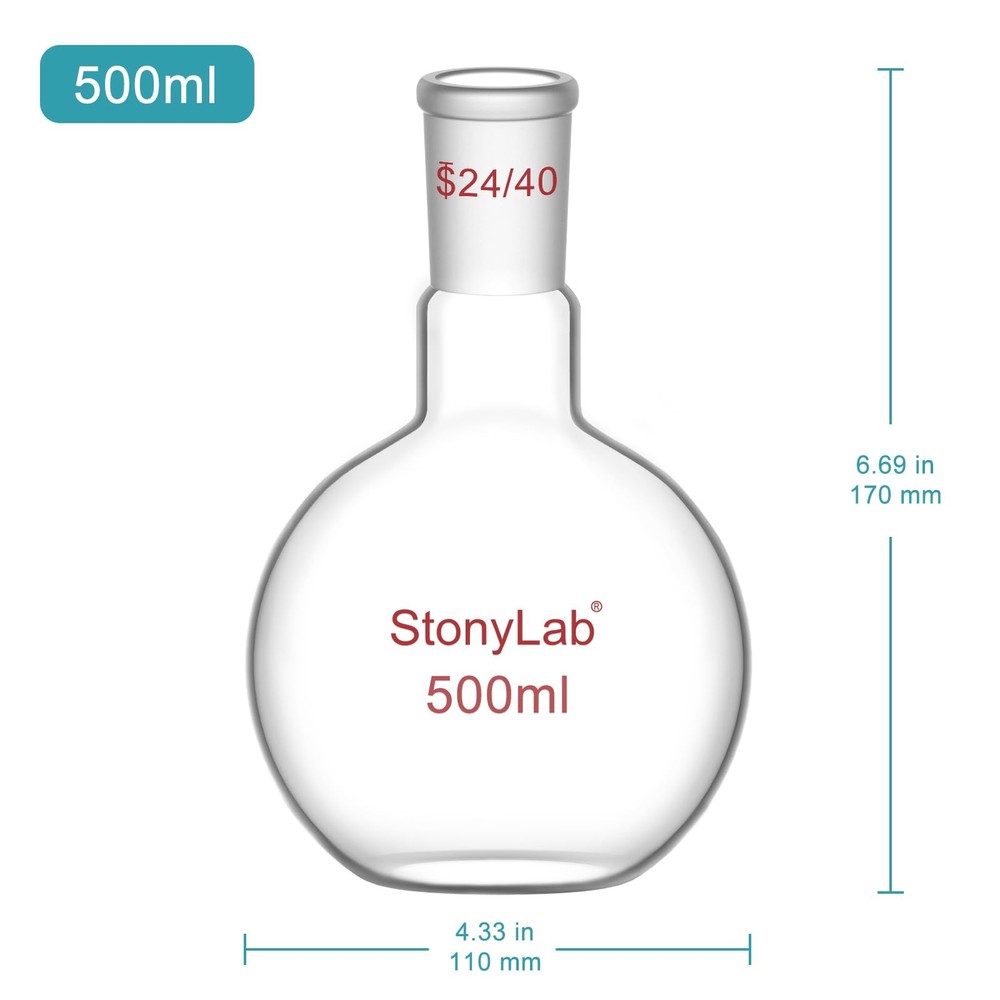 StonyLab Borosilicate Glass Heavy Wall Single Neck Flat Bottom 500 mL, 500mL