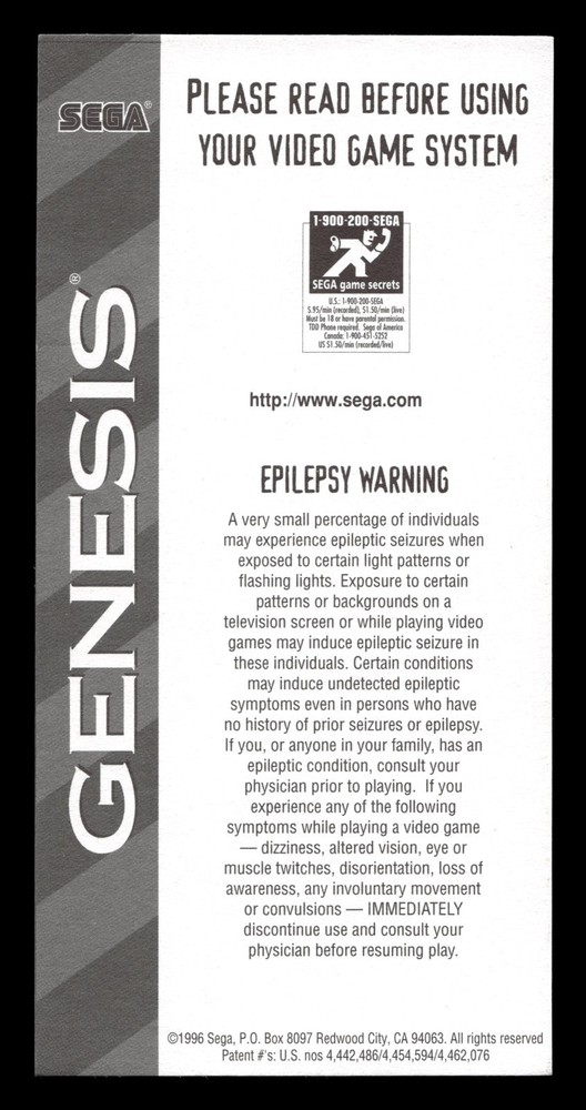 Sega Genesis Epilepsy Warning Insert Sheet
