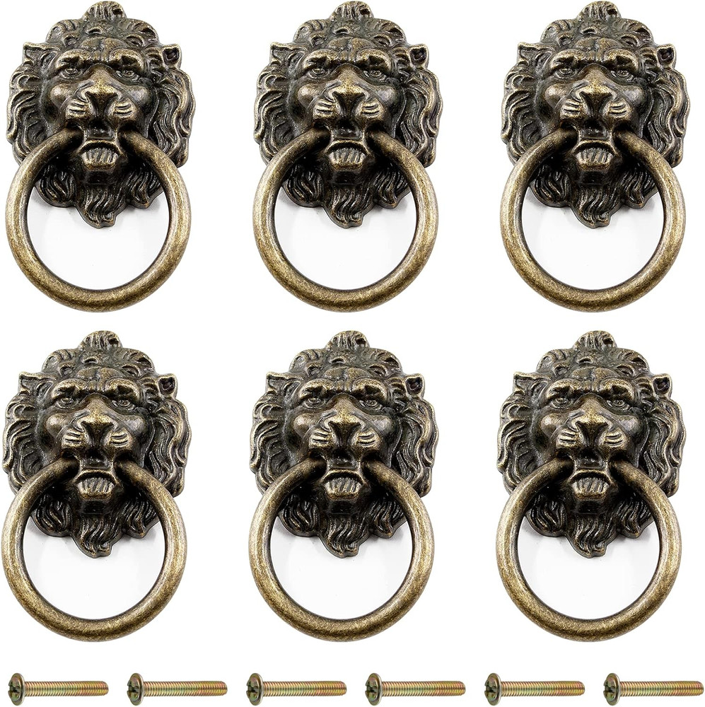 6 Pcs Lion Head Knobs Pull, Antique Bronze Ring Pull Handles for Dresser Draw...