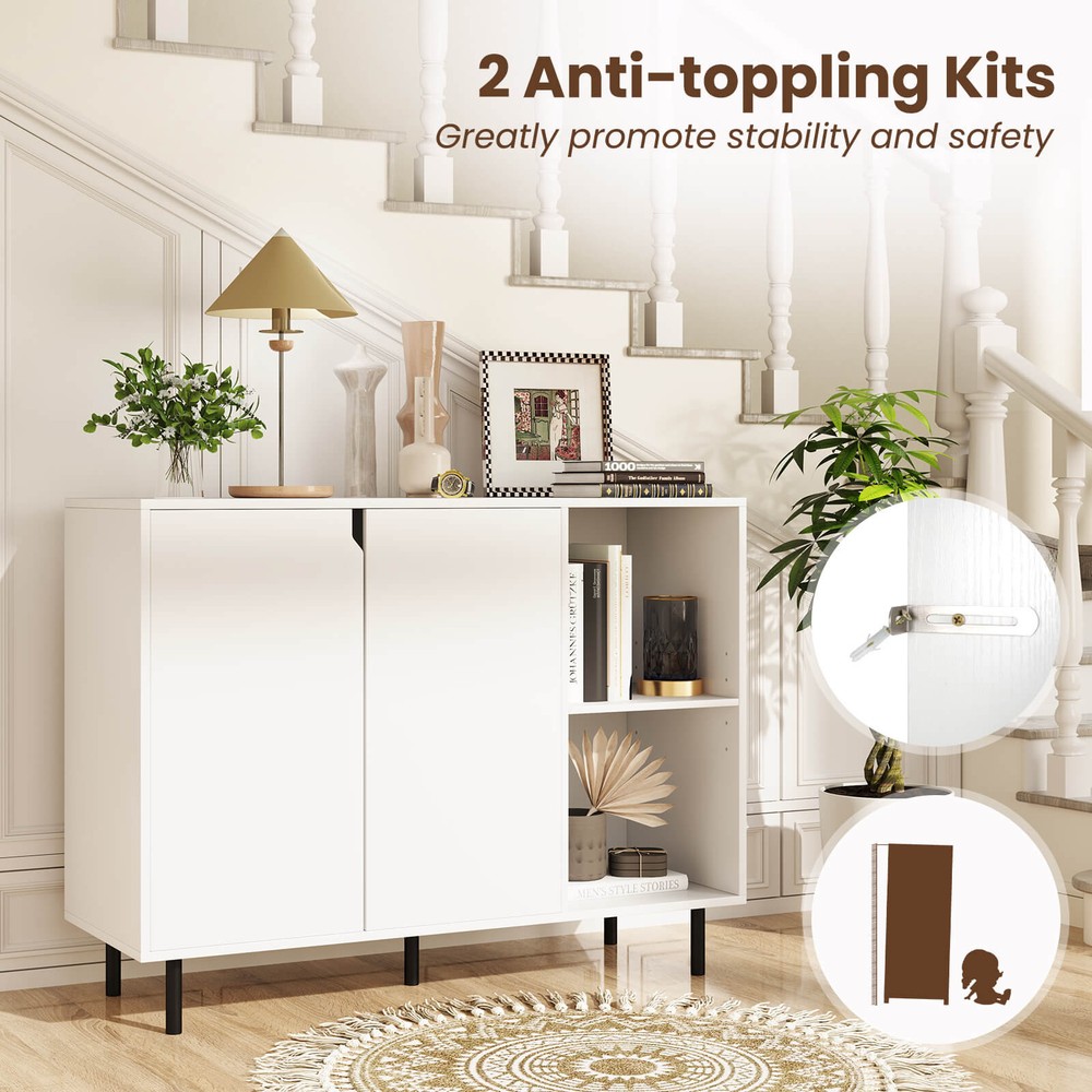Kitchen Sideboard Buffet w/ Adjustable Shelves 2 Doors Sturdy Metal Legs White