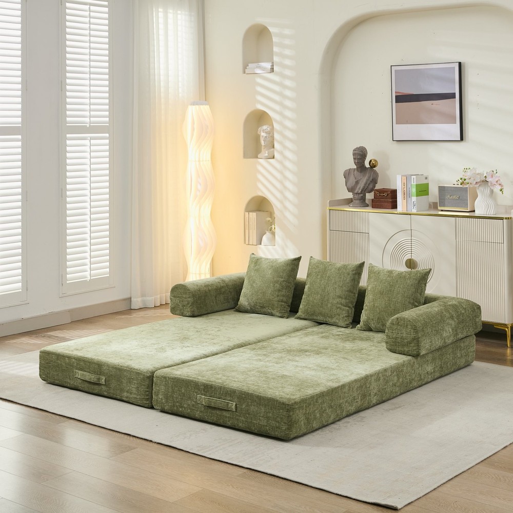 Multi-Functional Floor Sofa Convertible Folding Chenille Bed Sofa Couch Green