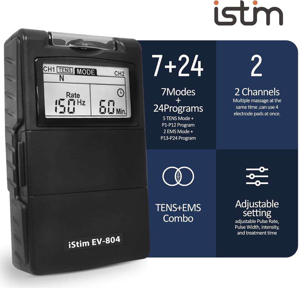 iSTIM EV-804 TENS/EMS Combo – 7 Modes, 24 Programs, Backlit Display