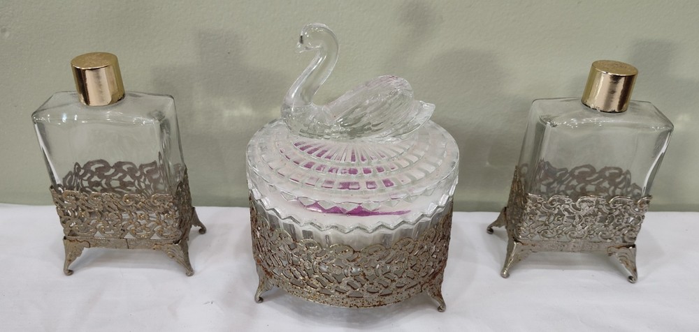 Vintage ORMOLU Gold Filigree 2 Perfume Bottles Atomizer Powder Dish Vanity Set