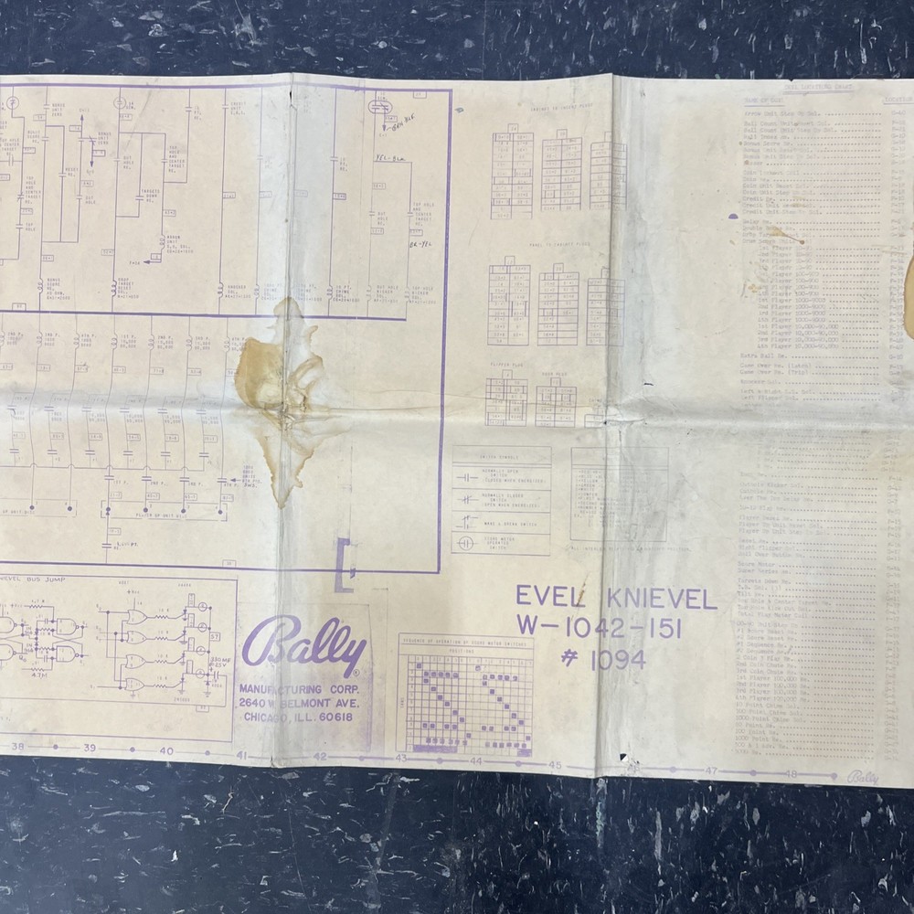 Bally Evel Knievel Pinball Machine HUGE Schematic ORIGINAL. 8ft X 18”