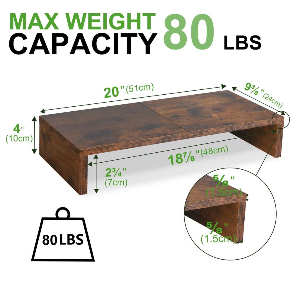 Monitor Stand Riser 20 inch Wooden Tabletop Shelf Storage Rustic Brown 2PCS