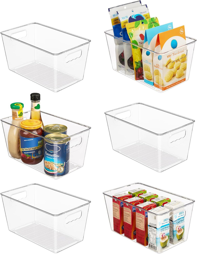 Clear Plastic Storage Bins, 6 PCS Pantry Organizer Bins with Handle for Refri...