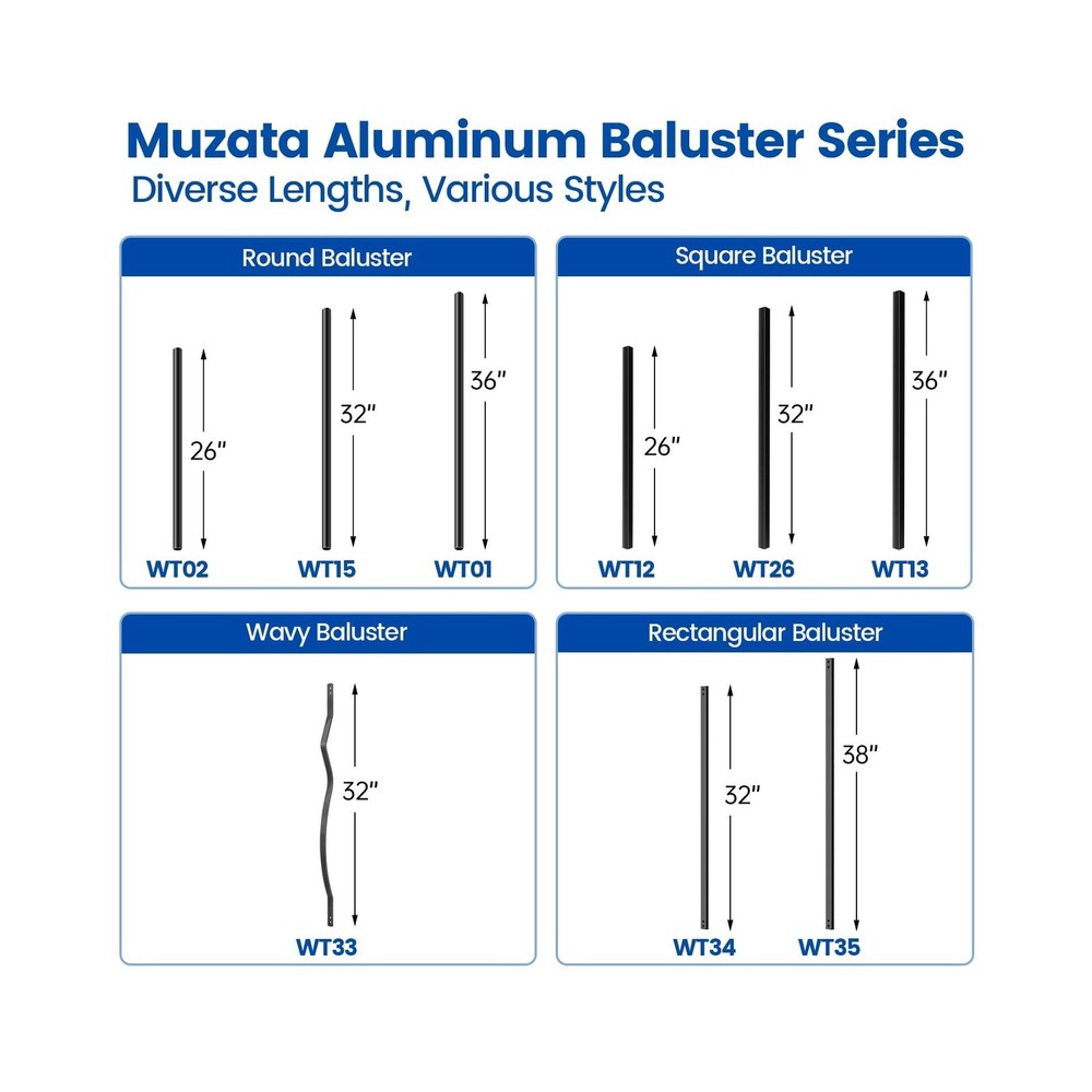 Muzata 50Pack 32'' Aluminum Deck Balusters Facemount Rectangular Railing Meta...