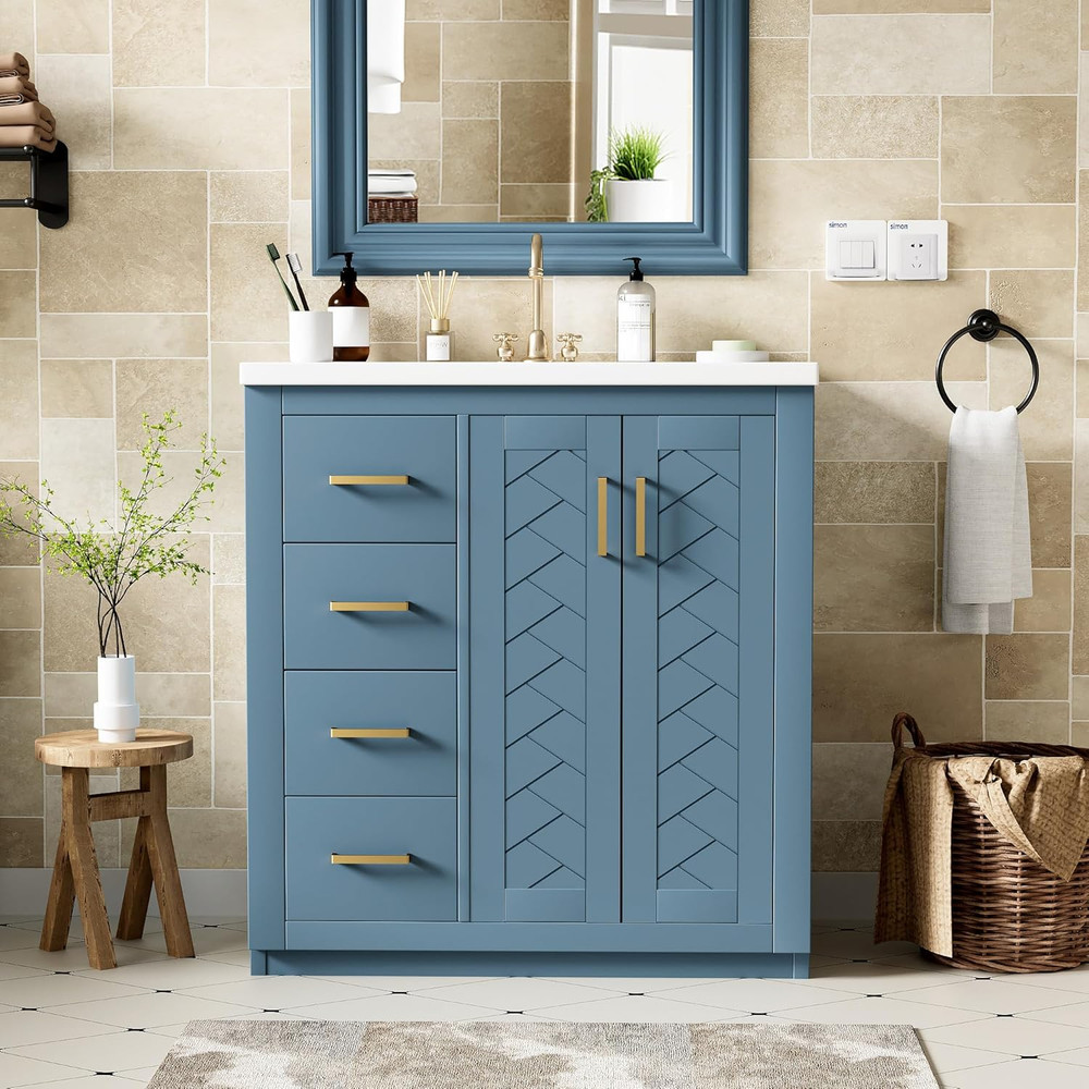 30'' Bathroom Vanity with Ceramic Sink Combo Solid Wood Frame Bathroom Storage