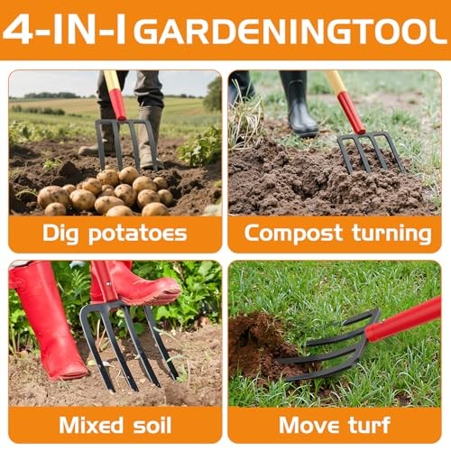 Garden Fork, 4-Tine Spading Fork, Compost Fork, Steel Digging Fork, 45Inch,