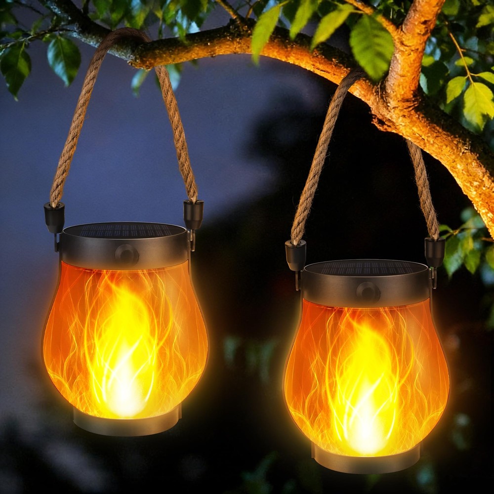 Solar Flame Lantern Hanging Outdoor Waterproof - 2 Pack Flame Lanterns with D...