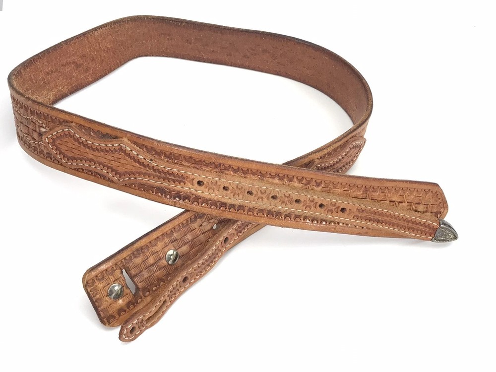 Basketweave Tooled Leather Belt 31-35" Vintage
