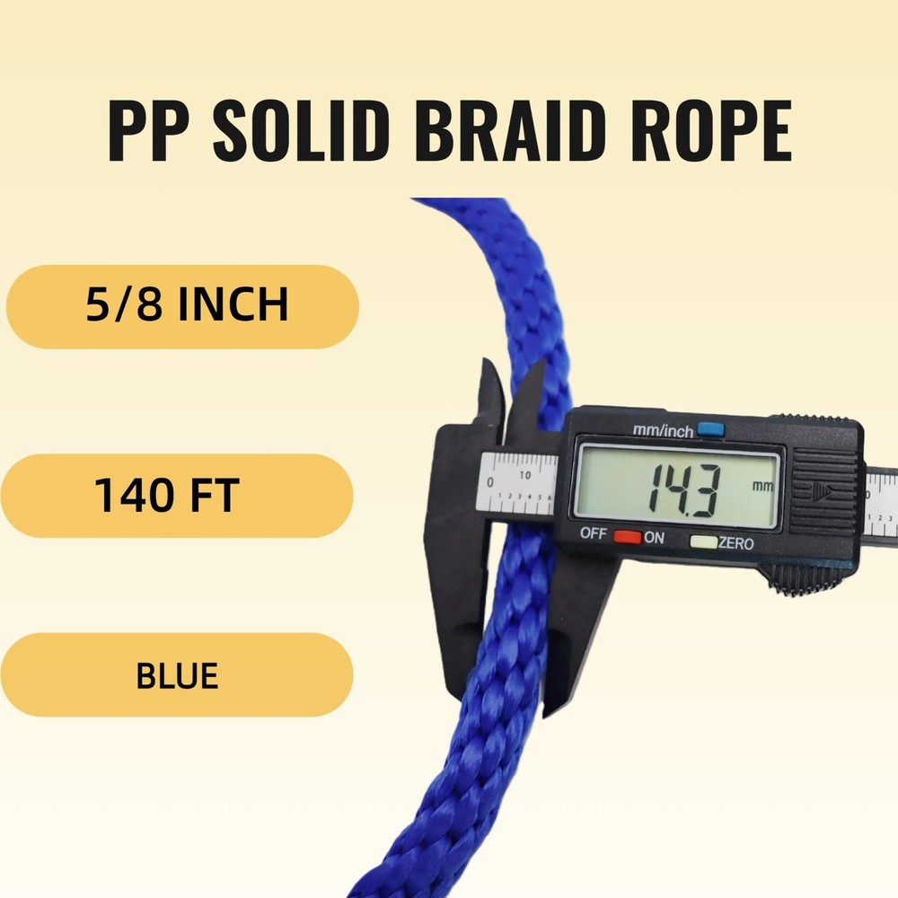 5/8'' 140FT Smooth Polypropylene Blue Solid Braid Rope