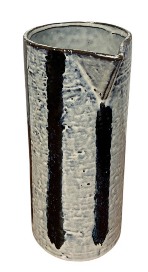 Mud Pie Pitcher 9" Blue Gray Stripe Ceramic Reactive Glaze Rustic Boho Farmhouse
