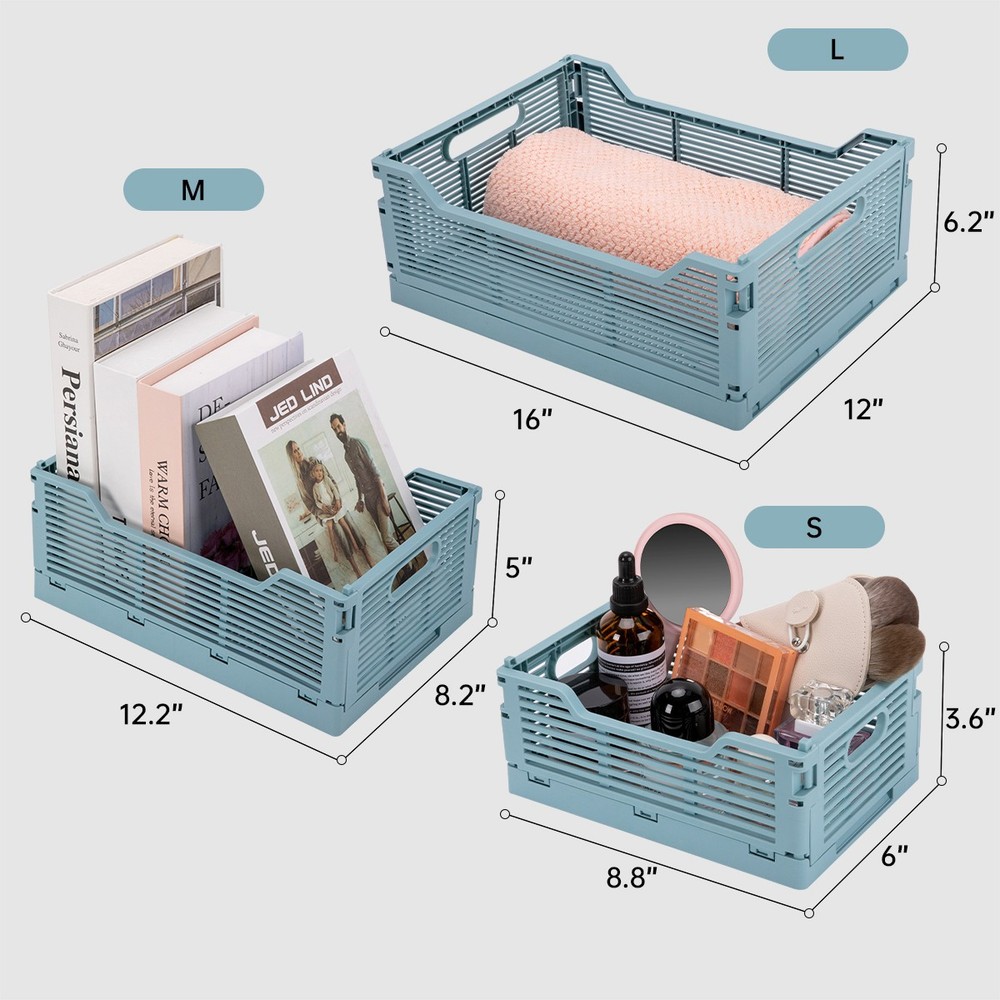 4 Pack Large Collapsible Storage Boxes Plastic Foldable Crate Desk Organizer Bin