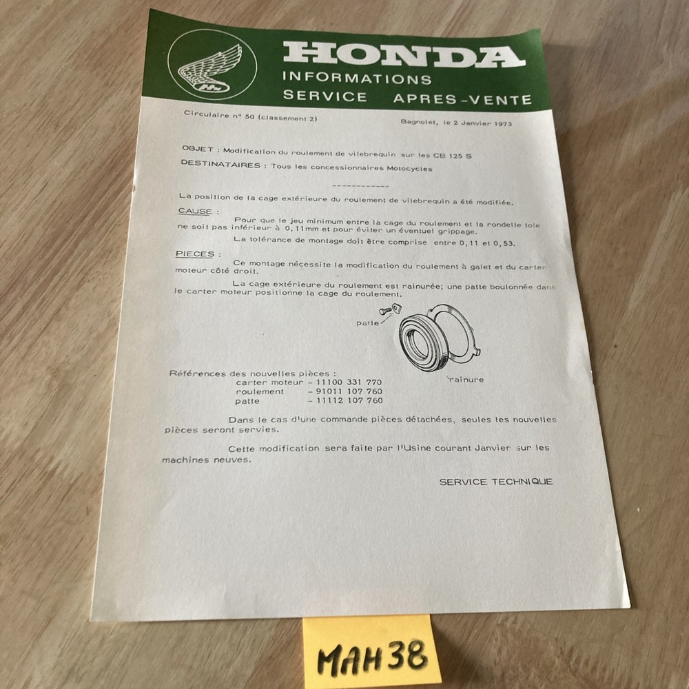 Honda Motorcycle 1973 CB125S Technical Note SAV Modification Crankshaft Bearings