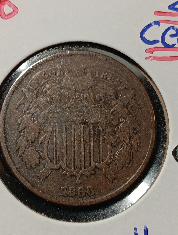👉1866 2 c. Piece Vf/xf