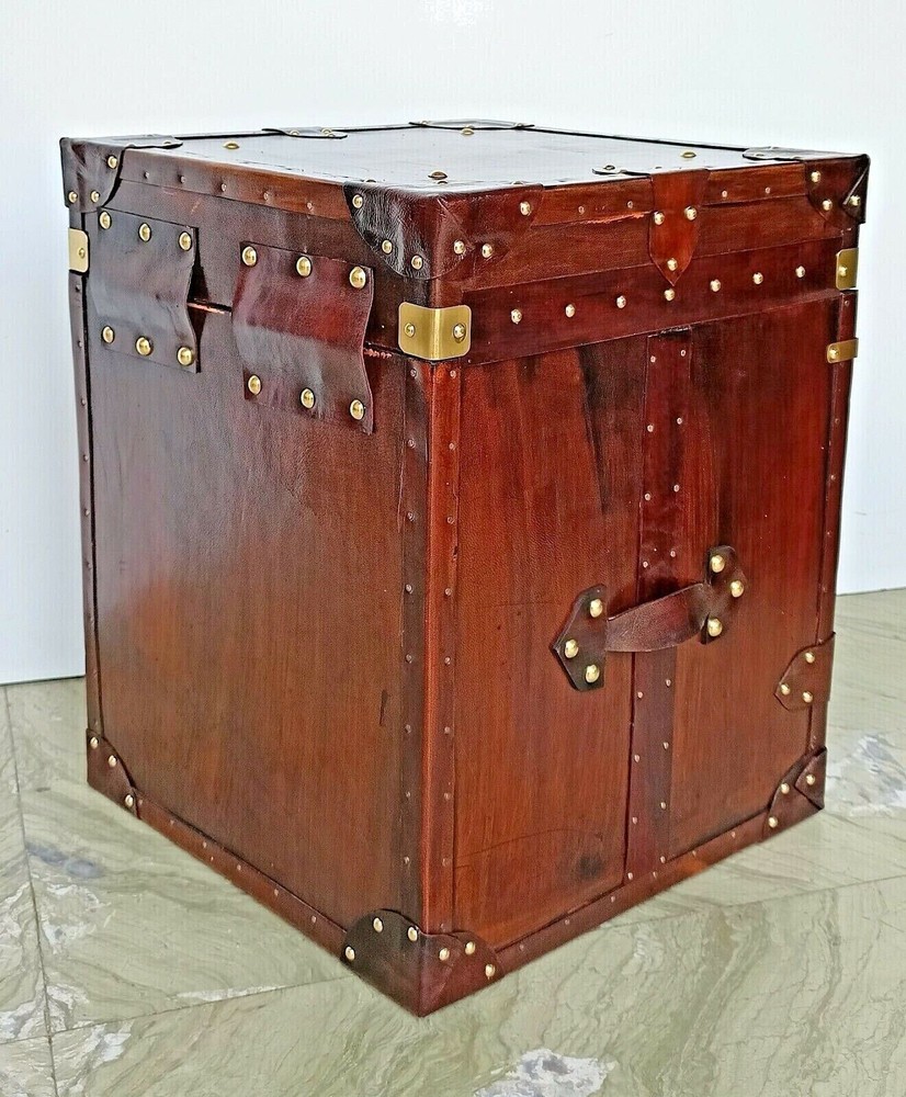Trunk Box Leather English Inspired Side Occasional Table Trunk