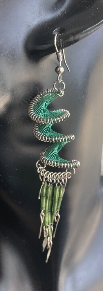 Peruvian Emerald Green Spiral Long Silk Thread Earrings Beads Handmade Boho