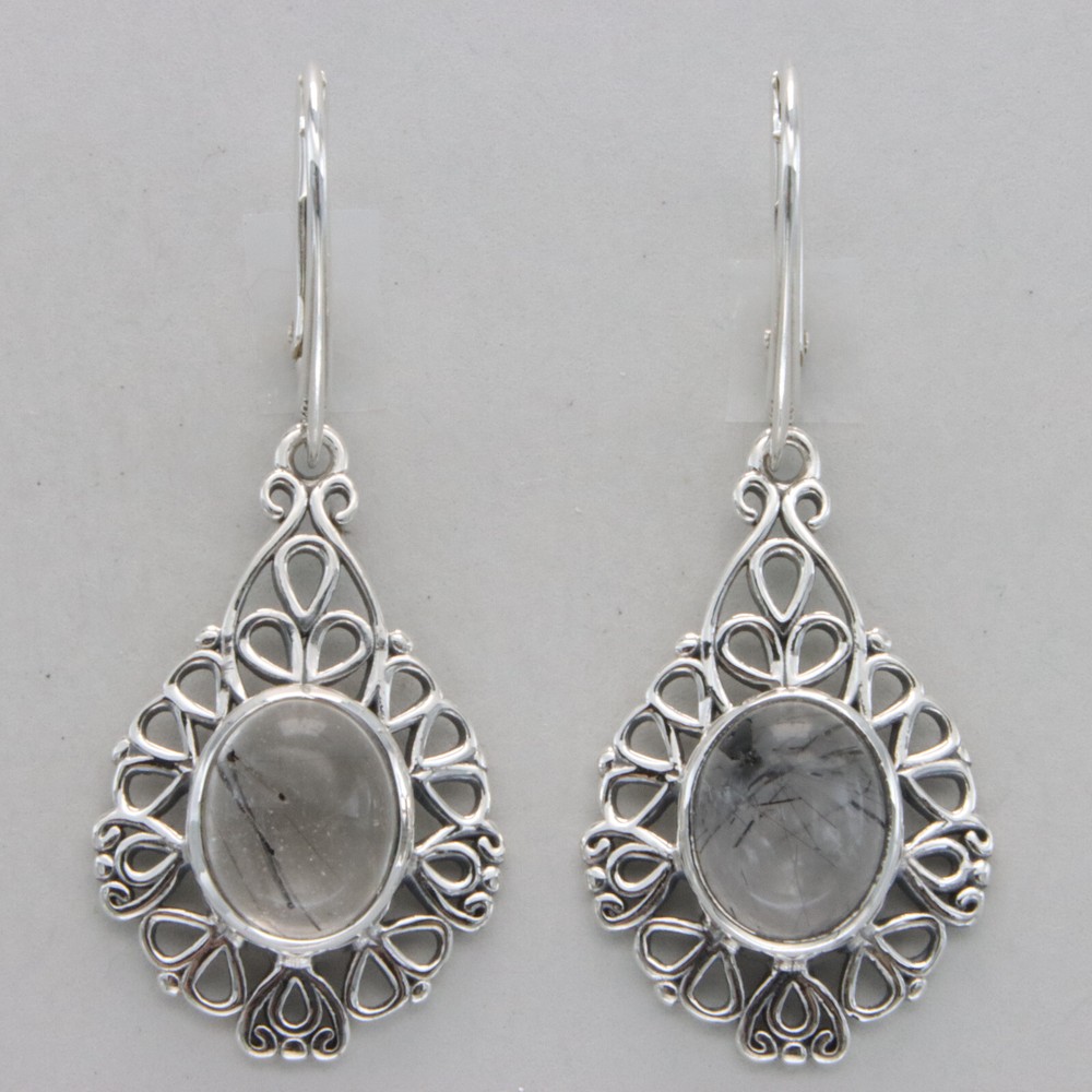 925 Sterling Silver - Oval Rutilated Quartz Leverback Earrings #48