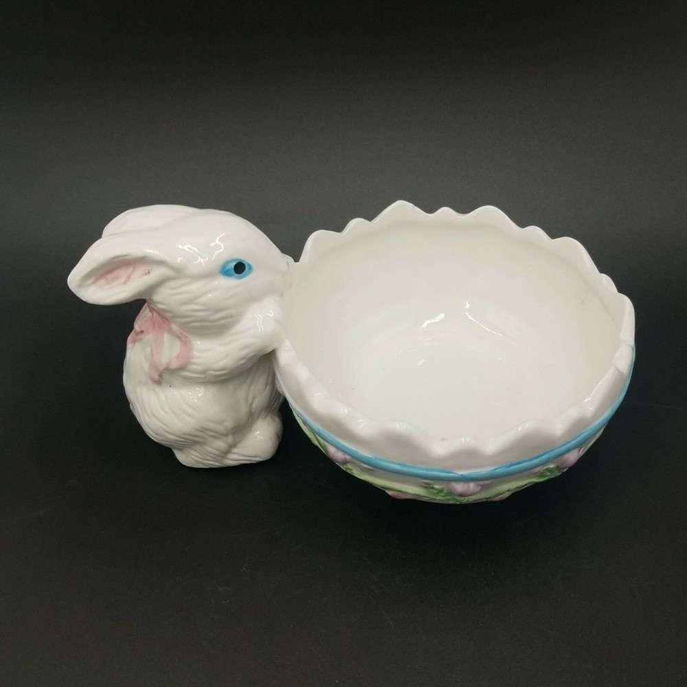 Easter Bunny Looking into Cracked Egg Planter w/Pink Flowers
