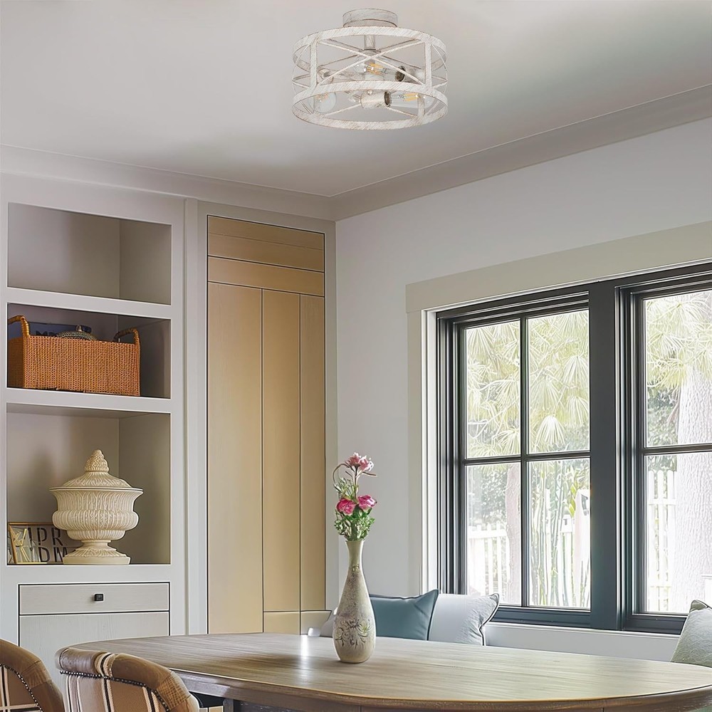 Rustic 3-Light Semi-Flush Mount Ceiling Light 13 Inches Round Lighting Fixtur...