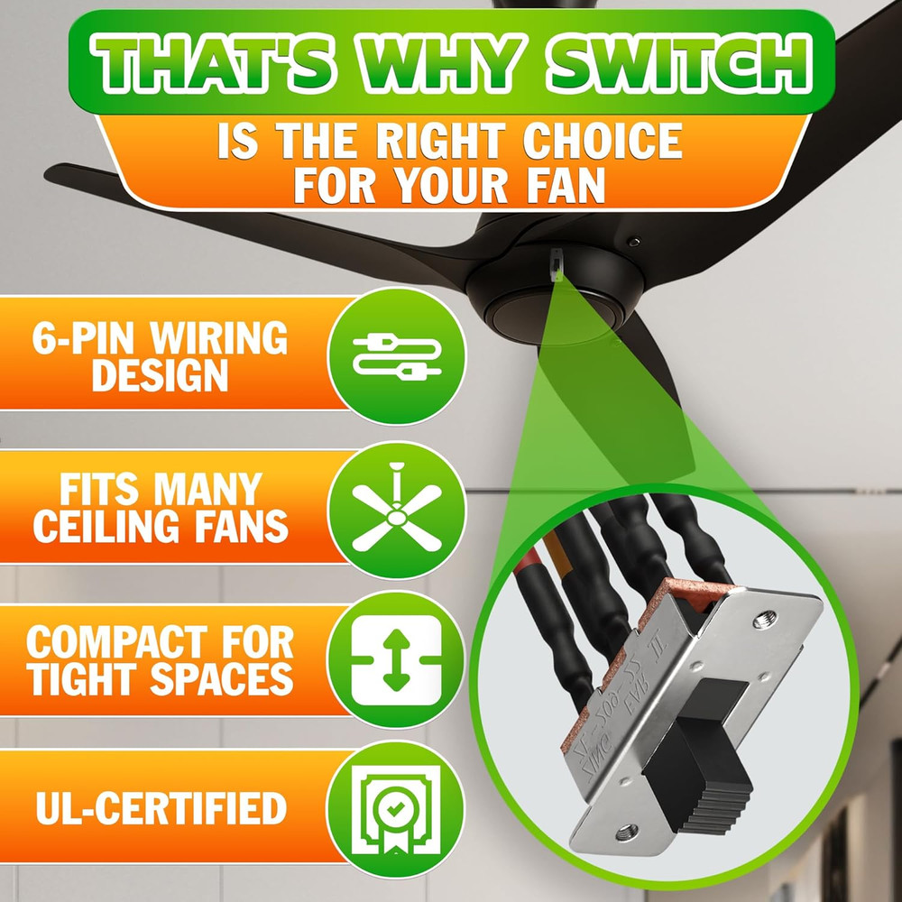 Ceiling Fan Reverse Switch 6-Pin Toggle - Ceiling Fan Direction Switch, Prewired