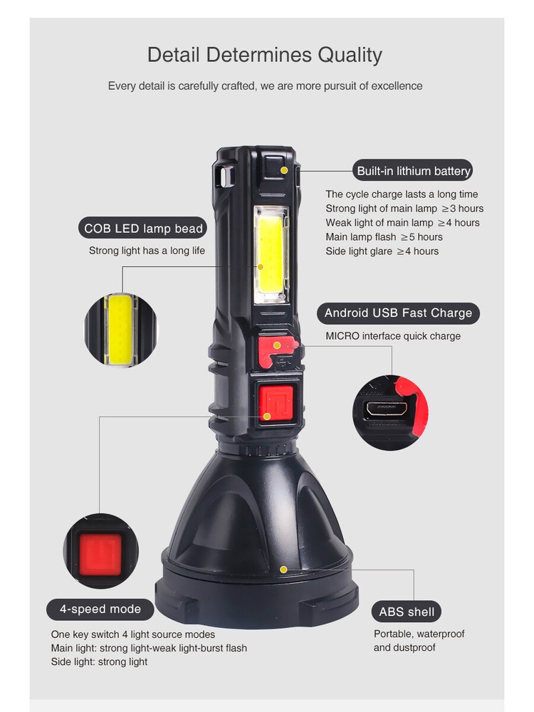 Gravity Trading Super Bright Portable Flashlight w/ Side lamp USB Rechargeable