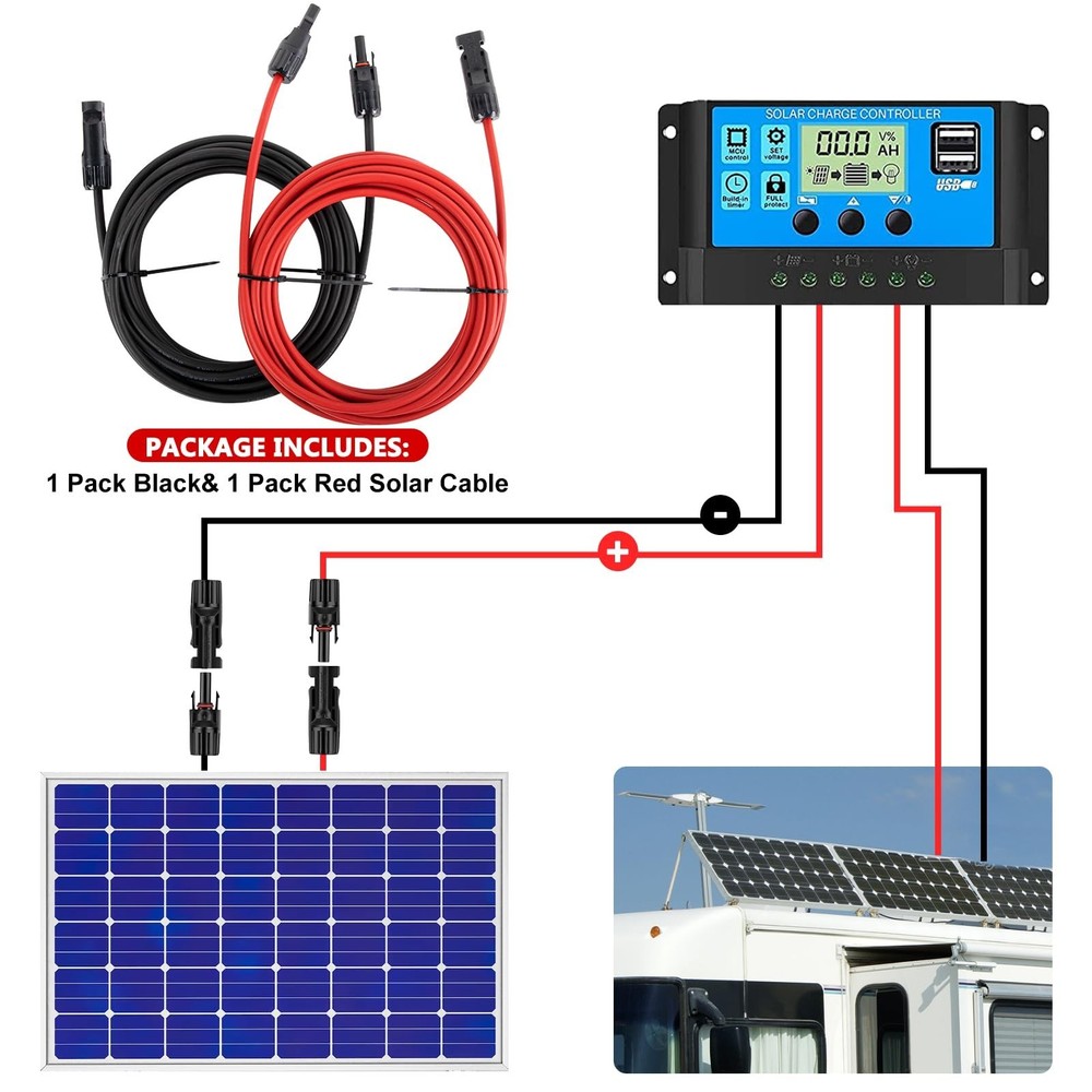 2x30 Feet Solar Panel Extension Cable- 10AWG Solar Cable Solar Panel Cable wi...