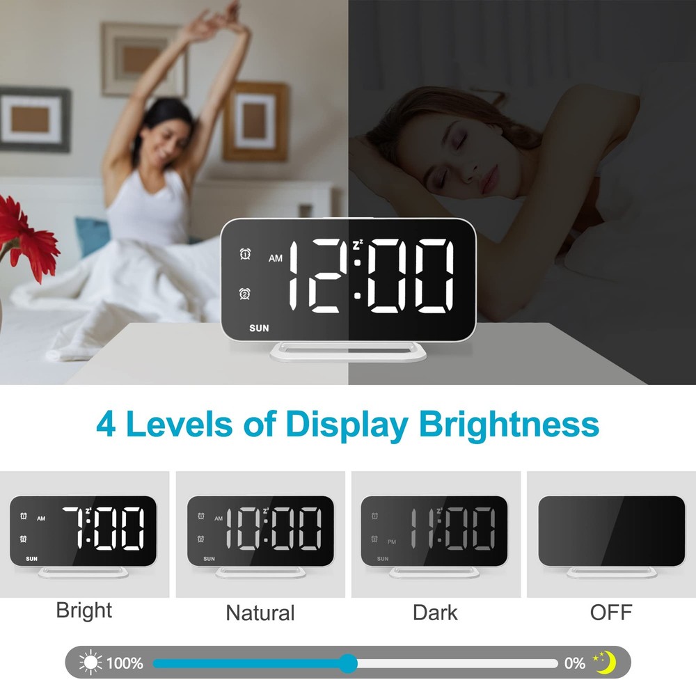 Slim LED Digital Alarm Clock, Mirror Surface for Makeup, with Diming, Large D...