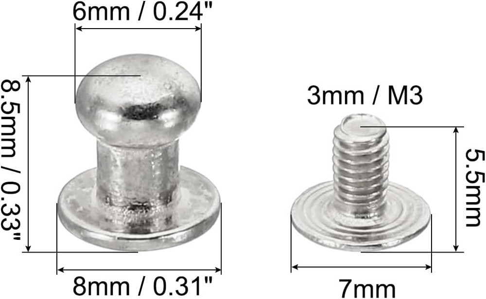 6mm Leather Rivets, 100 Sets Round Button Head Studs Metal Screw Studs Posts ...