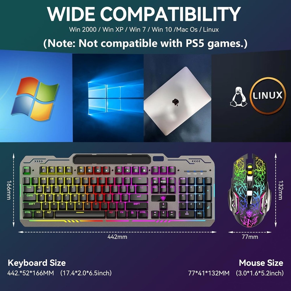 Wireless Gaming Keyboard and Mouse Combo, RGB Backlit Rechargeable 2000 Mah Batt