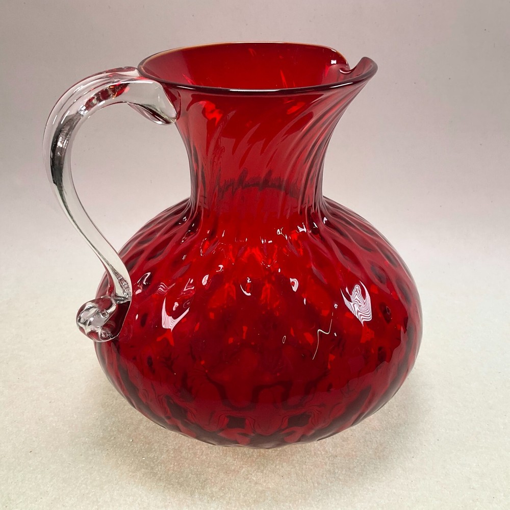 Pilgrim Glass Ruby Red Quilted Optic Pitcher Applied Handle Hand Blown Vintage
