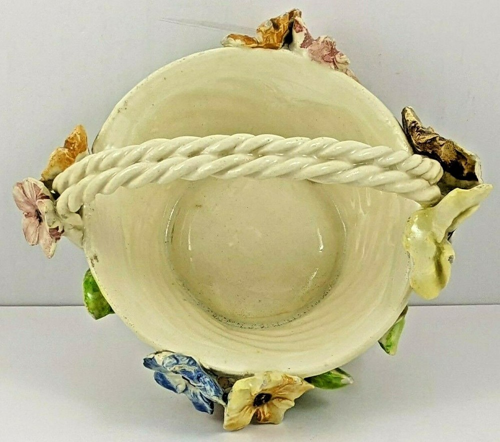 Vintage Ceramic Flowered Basket Braided Handle Italy