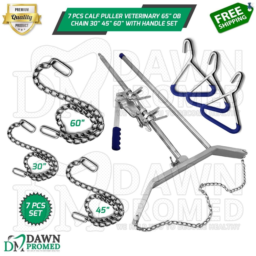 7 Pcs Calf Puller OB Handle & OB Chains Cattle Birthing Delivery Complete Set