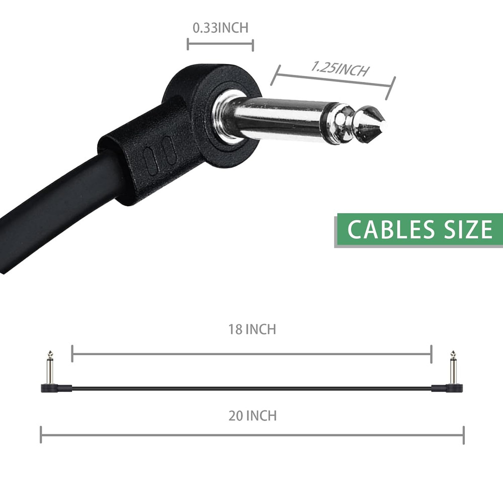 18 Inch Guitar Patch Cables, 1/4" TS Right Angle Effect Pedal Flat Cables